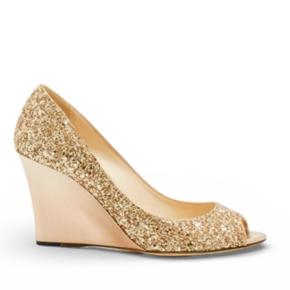 Jimmy Choo Baxten Gold Glitter Metallic Wedge Peep-Toe Shoes 36.5